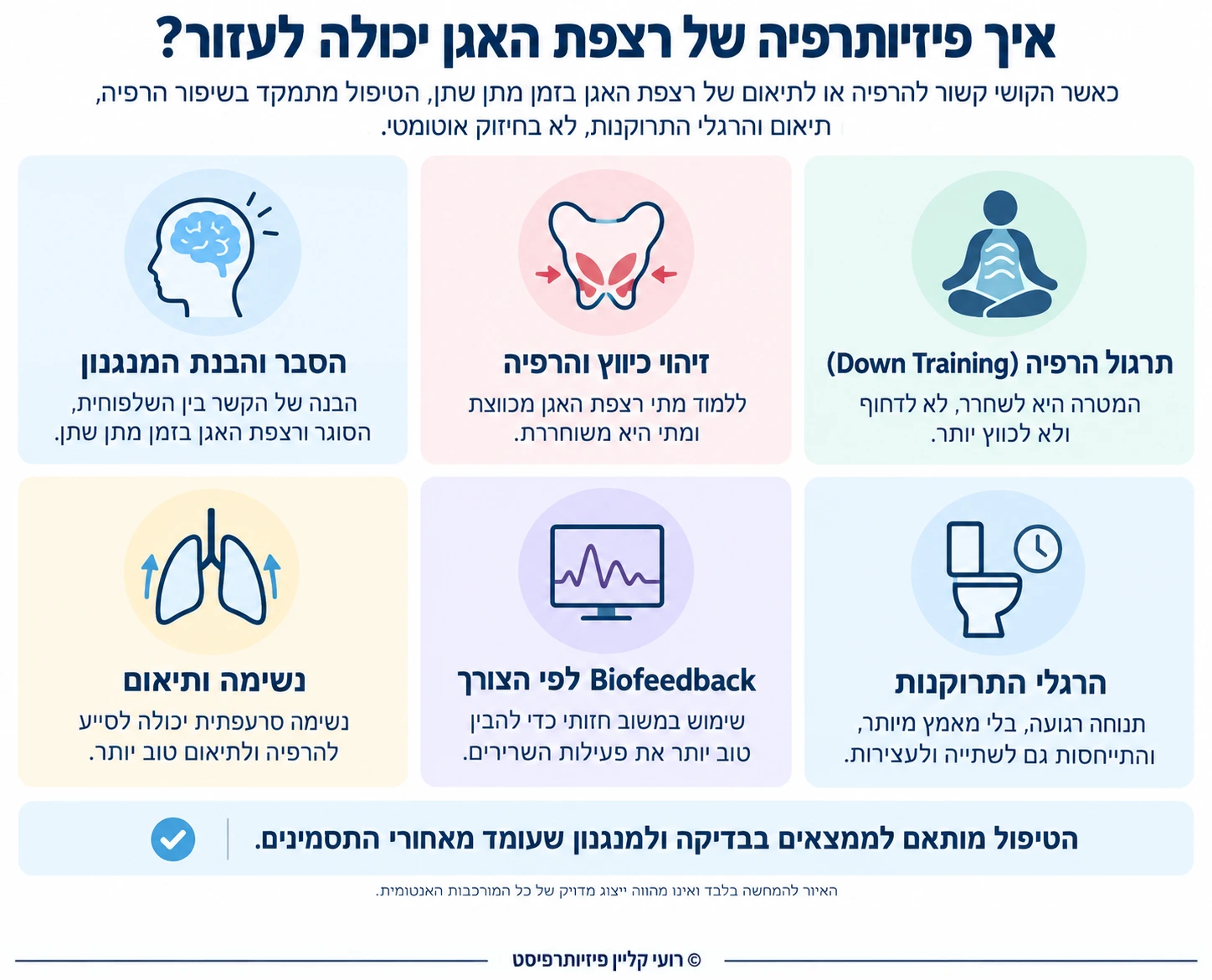 שישה עקרונות אפשריים בטיפול פיזיותרפי ב-Dysfunctional Voiding: הסבר והבנת המנגנון, זיהוי כיווץ והרפיה, תרגול הרפיה, נשימה ותיאום, Biofeedback לפי הצורך והרגלי התרוקנות