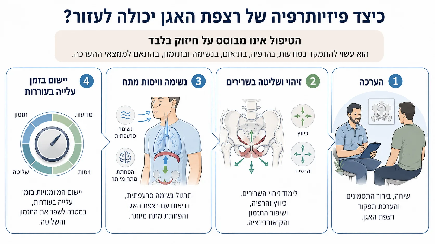 אינפוגרפיקה של ארבעת שלבי הפיזיותרפיה בשפיכה מוקדמת: הערכה, זיהוי ושליטה בשרירים, נשימה וויסות מתח, ויישום בזמן עלייה בעוררות